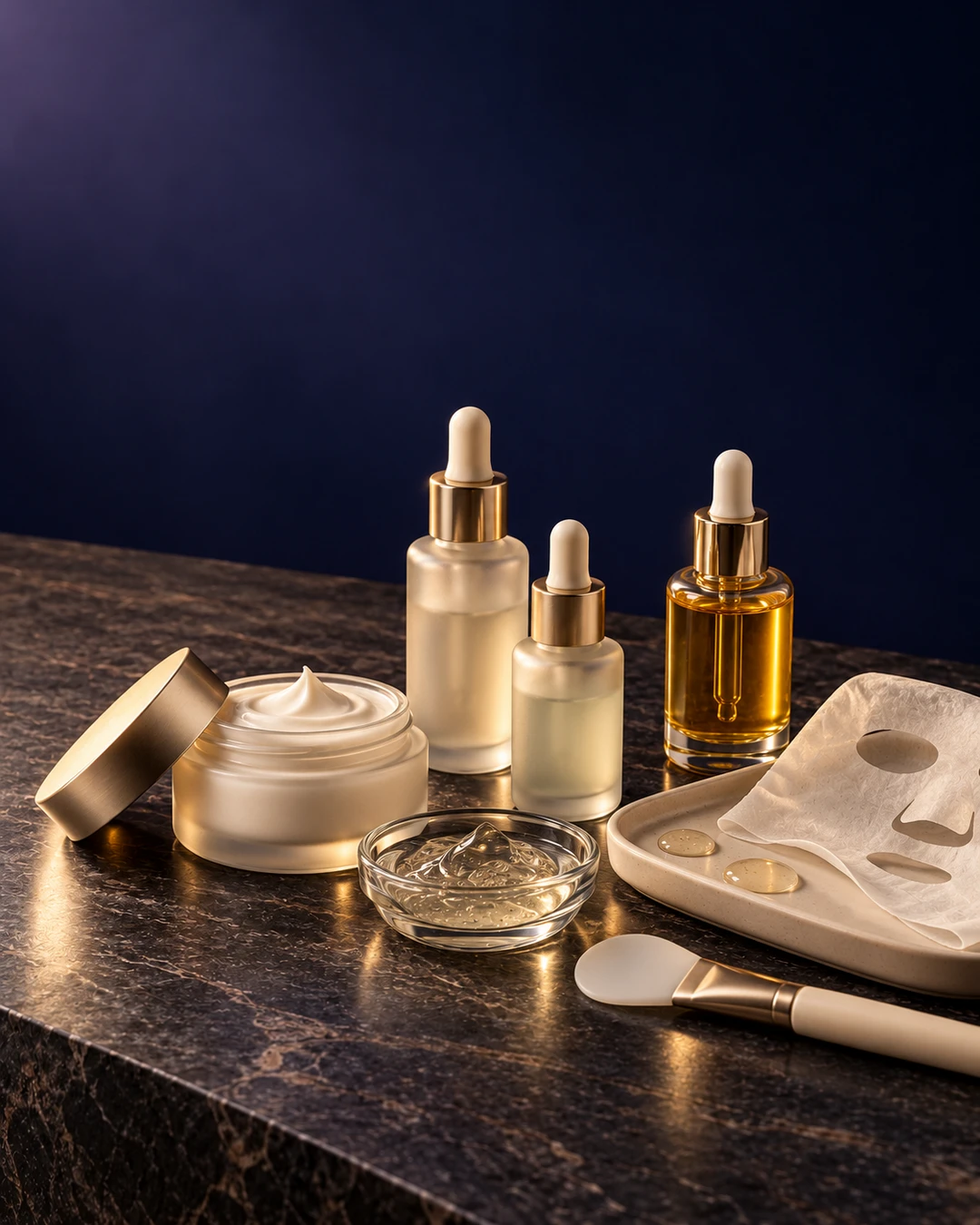 Crema, sérums, aceite y mascarilla de tela sobre mármol