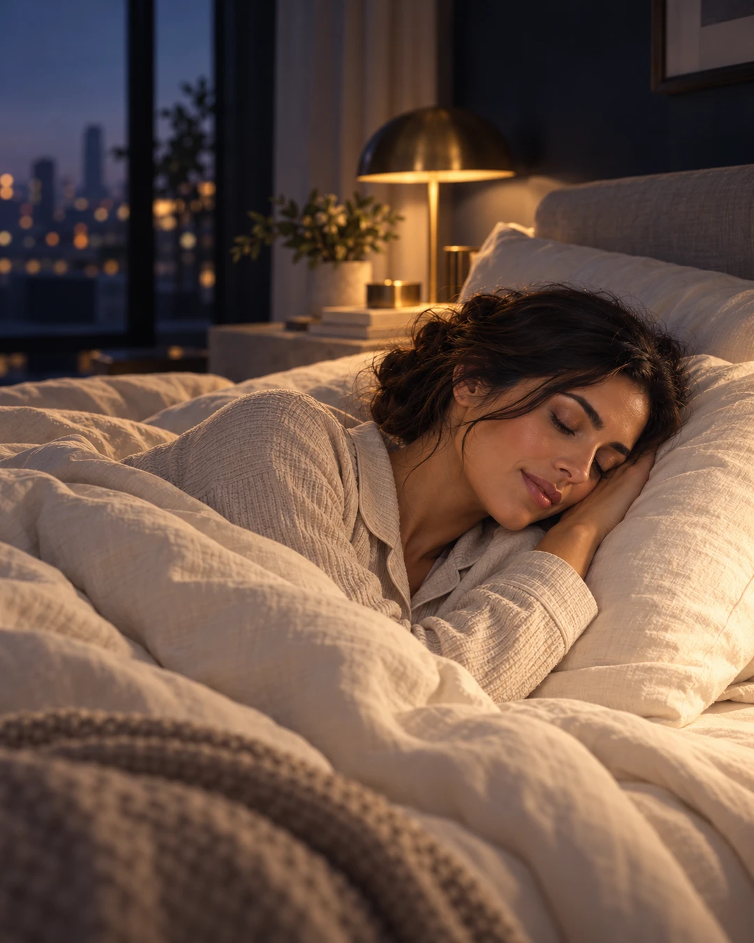 Mujer durmiendo tranquila en su recámara por la noche